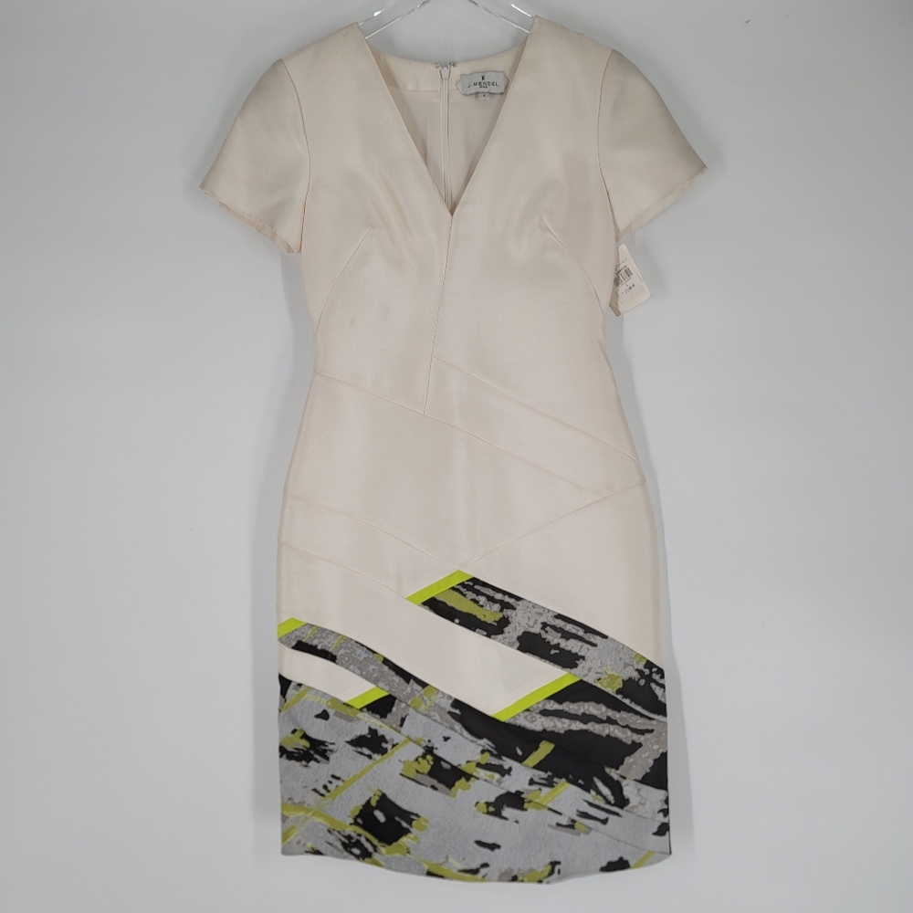 J. Mendel Cream Short Sleeve Silk Pencil Cocktail Sheath Dress Size 4 NEW